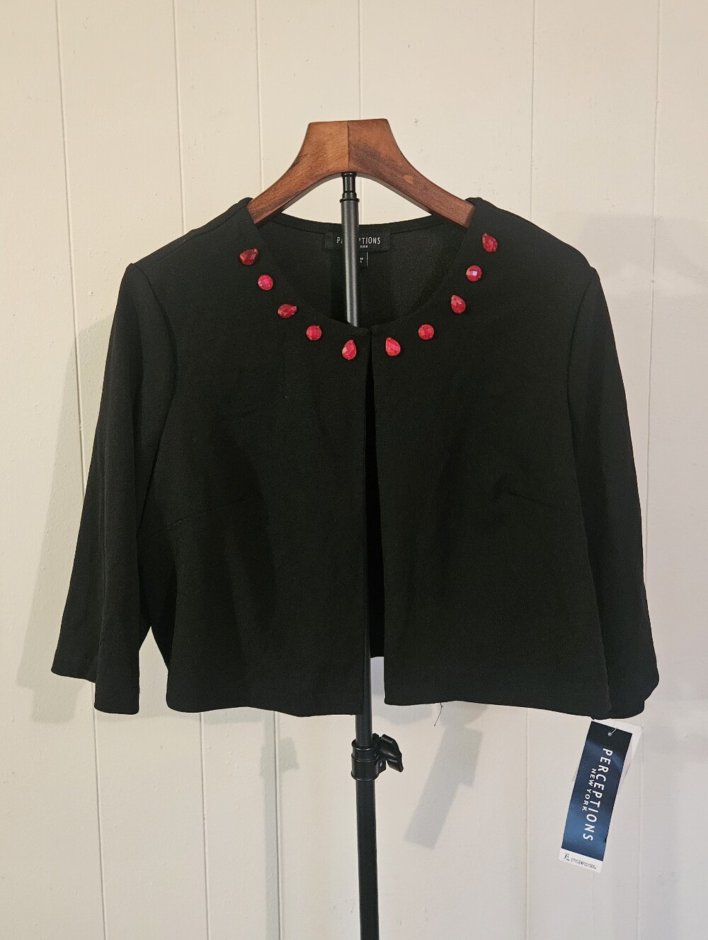 Perceptions Black Cropped Open-Front Cardigan with Red Bead Accents